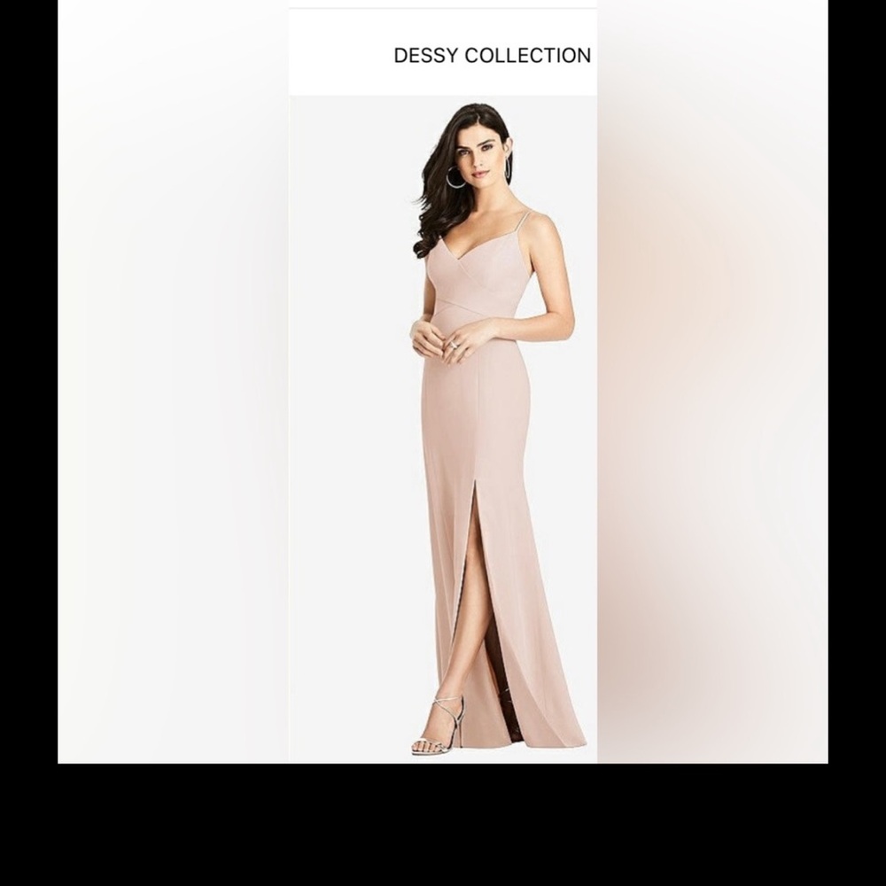 The Dessy Group Seamed Bodice Crepe Trumpet Gown with Front Slit in Cameo